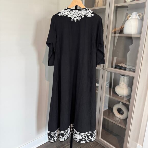 Roller Rabbit Embroidered Midi Dress Cotton Flax Black White Shift Small S - Picture 3 of 7
